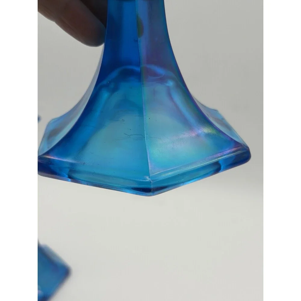 Fenton Florentine Celeste Blue Iridescent Carnival Art Glass Candle Sticks